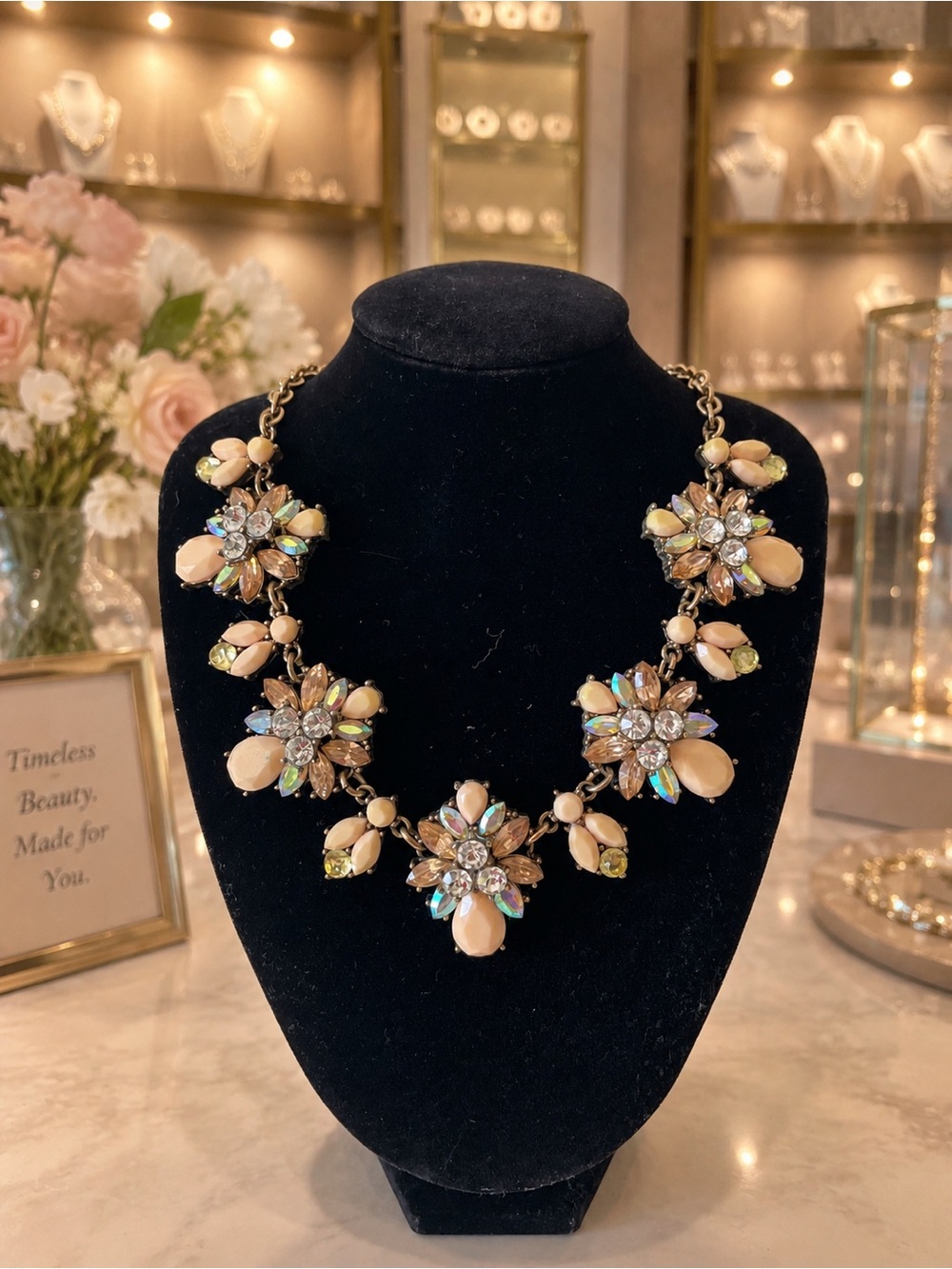 Elegant Cream & Iridescent Crystal Floral Statement Necklace